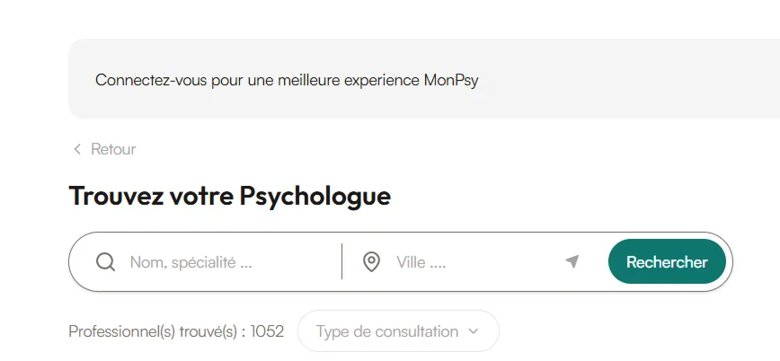 Aperçu de la barre de recherche « Trouvez votre psychologue » avec filtres sur MonPsy